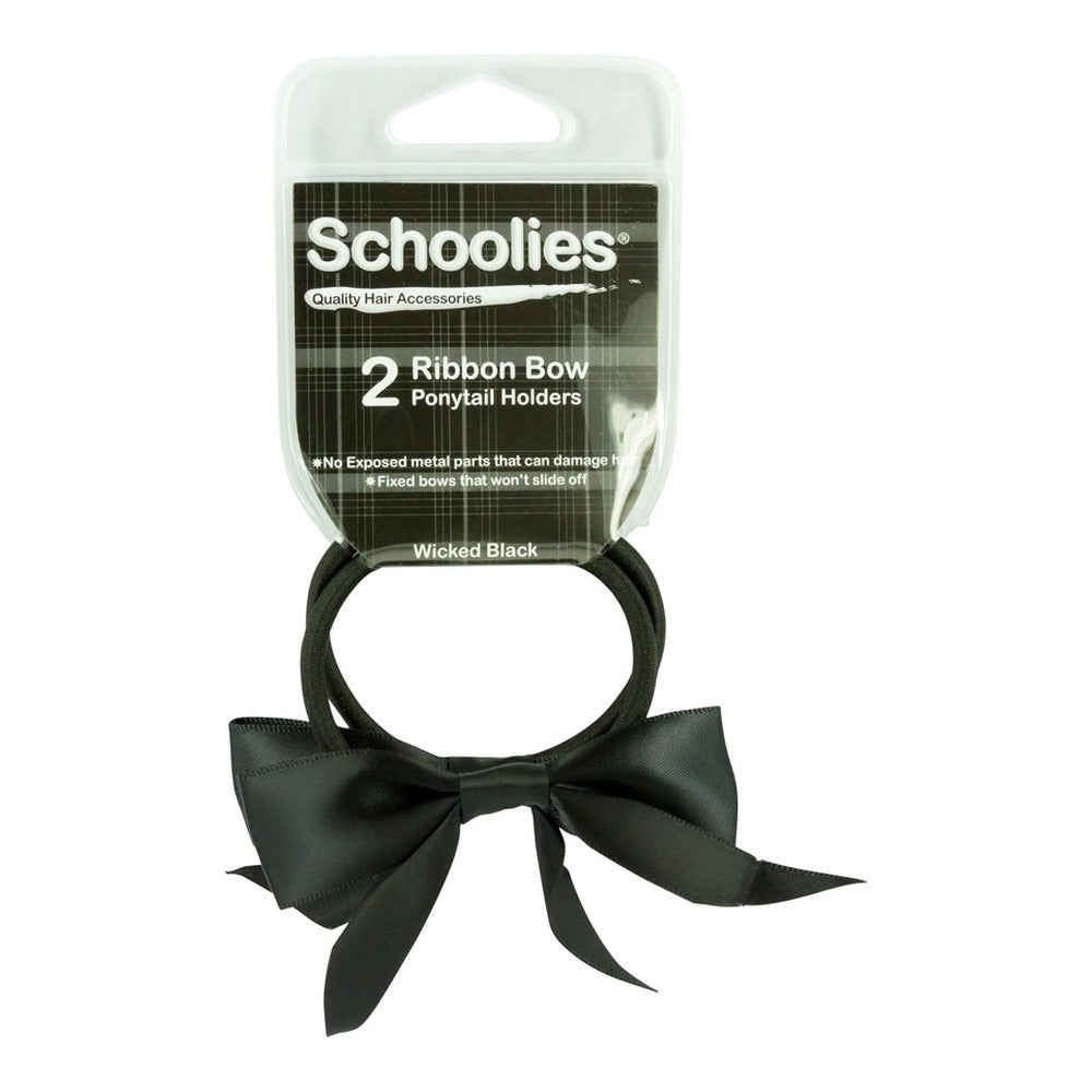 Schoolies Ribbon Bow Ponytail Holders Wicked Black 2 piece