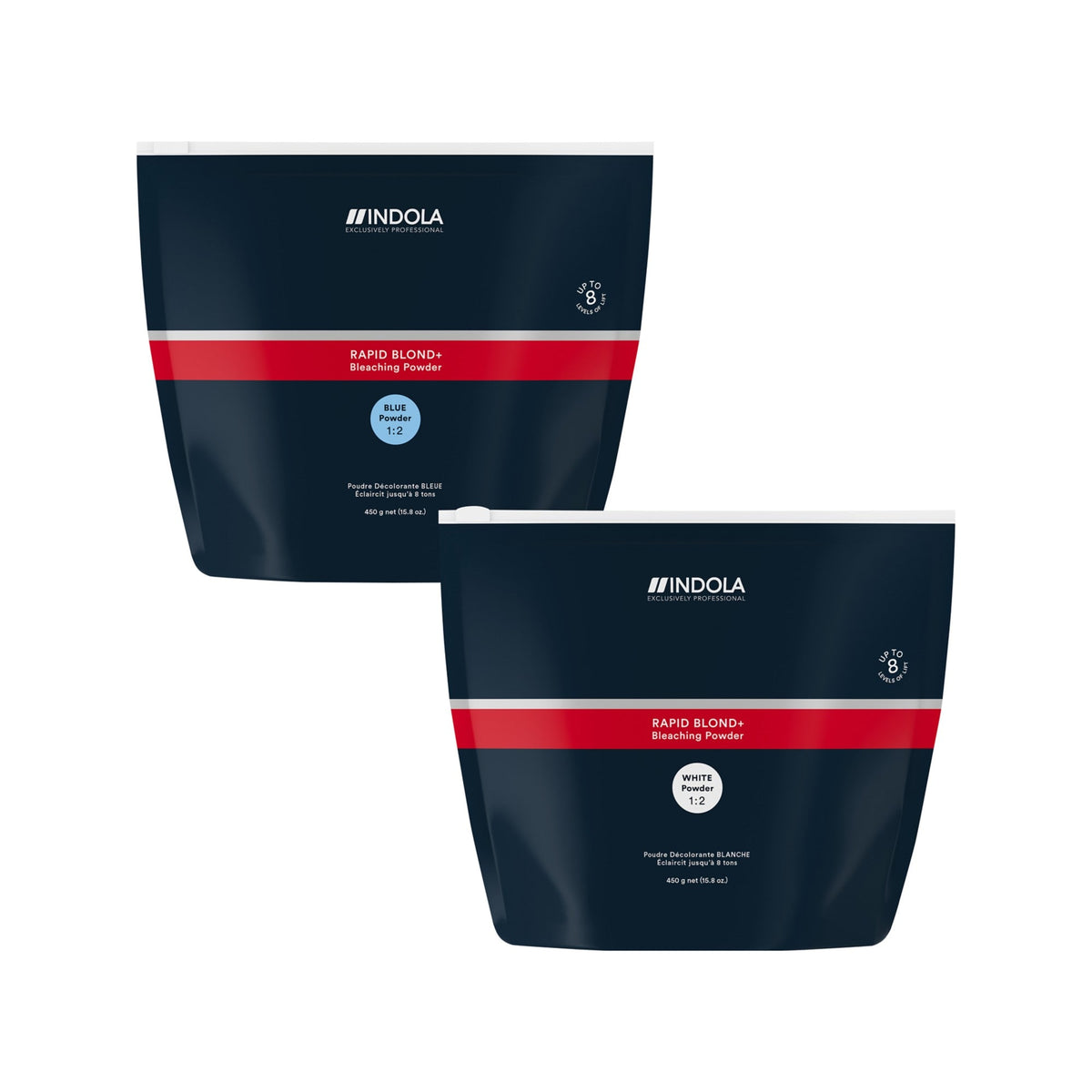 Indola Rapid Blond+ BLUE Bleaching Powder 450g (official Indola image showing the BLUE and WHITE packs)