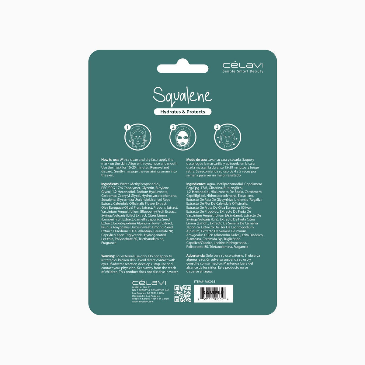 CELAVI Face Mask Pack SQUALENE 20g - back of pack, ingredients and directions