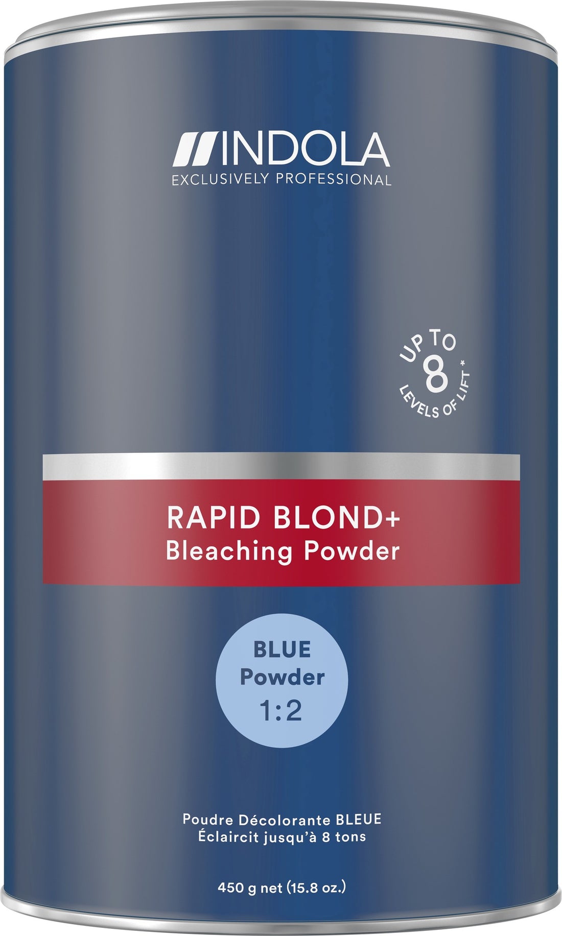 Indola Rapid Blond+ BLUE Bleaching Powder 450g (official Indola image showing the BLUE and WHITE packs)